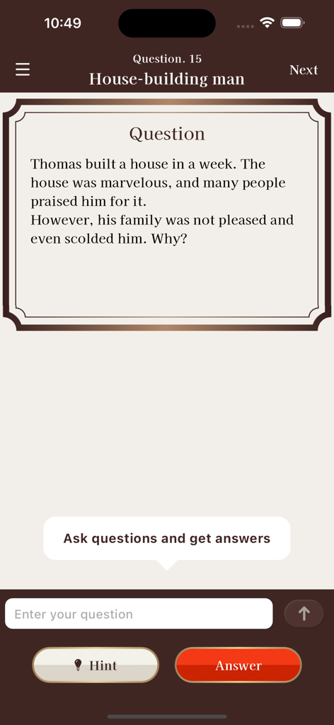 A screenshot of a lateral thinking puzzle called House-building man in the Situation Puzzle app showing a text-based mystery and AI interaction interface