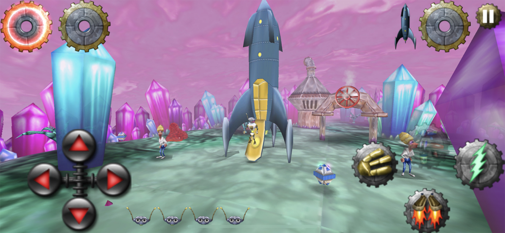 Otto Matic standing near a retro rocket ship on a colorful crystal alien planet.