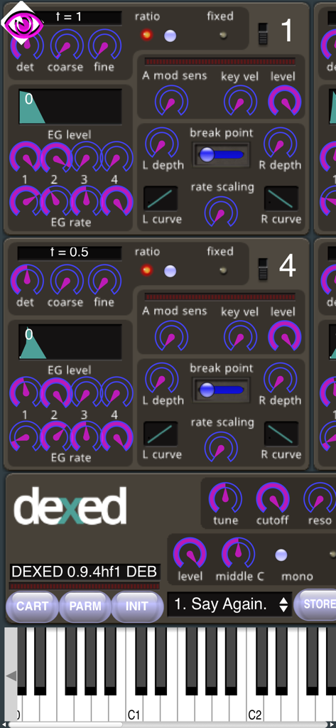 Dexed Synth - Dexed Synth FM synthesizer mobile application interface showing control knobs and virtual piano keyboard