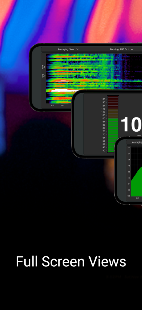 Smaart RTA mobile app displaying full screen spectrograph, SPL meter, and frequency analysis graphs