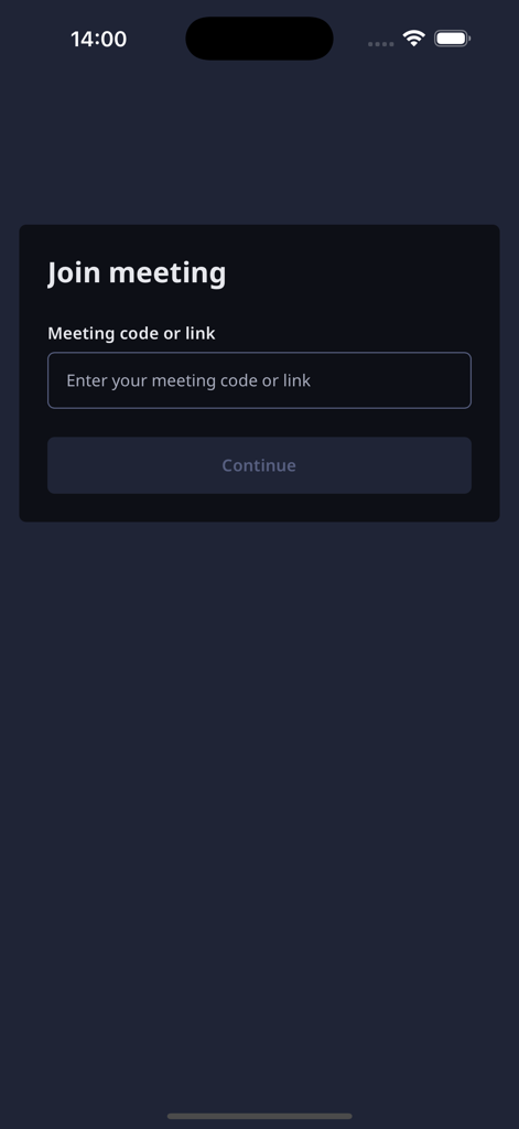 FIFA Interpreting - Join meeting screen of the FIFA Interpreting app for entering a meeting code or link