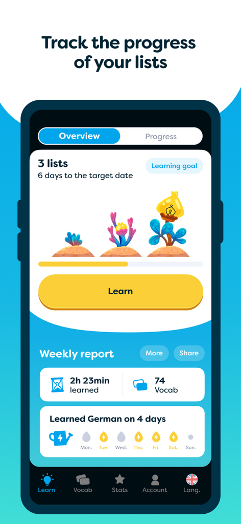 cabuu - Learn vocabulary - A screenshot of the cabuu app showing a study progress tracker with plant graphics and weekly learning statistics.