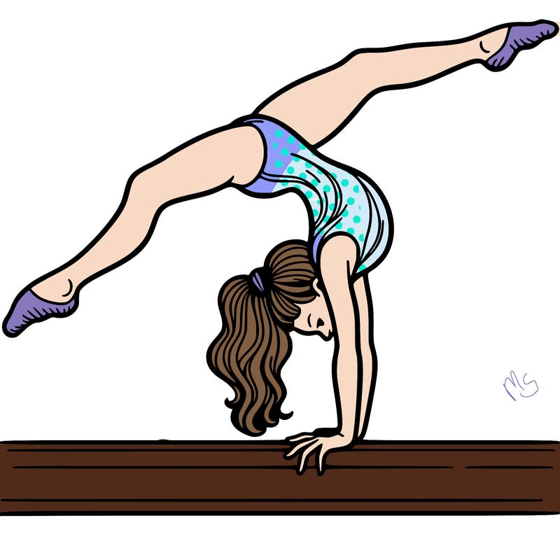 gymnast doing split handstand on a beam