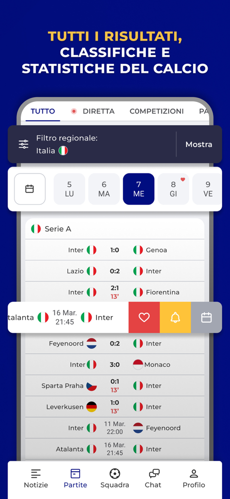 Inter Live - News & Matches - Mobile app interface displaying Inter Milan match scores and soccer tournament schedules.