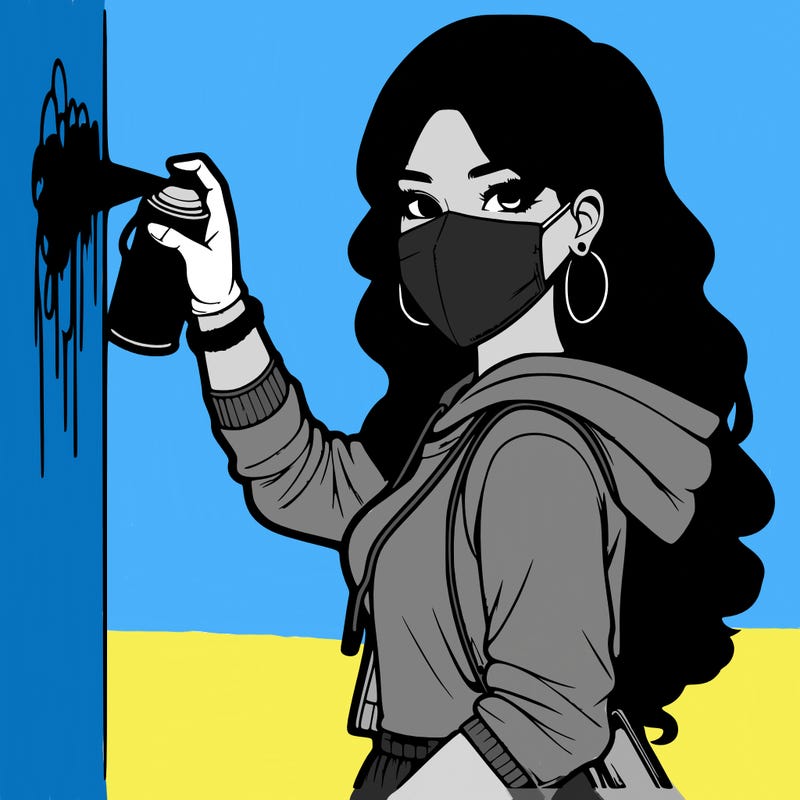 realistic girl with mask spray painting a wall