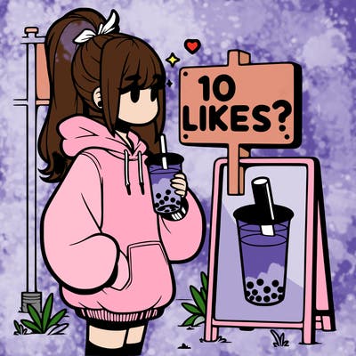 girl with oversized hoodie drinking boba and she has a high ponytail with a sign that says 10likes?