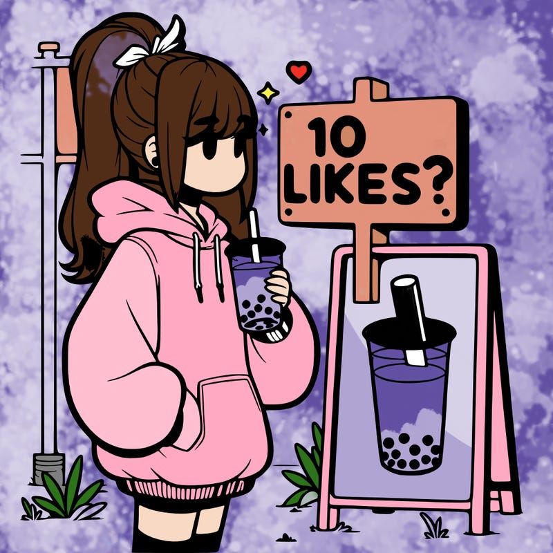 girl with oversized hoodie drinking boba and she has a high ponytail with a sign that says 10likes?