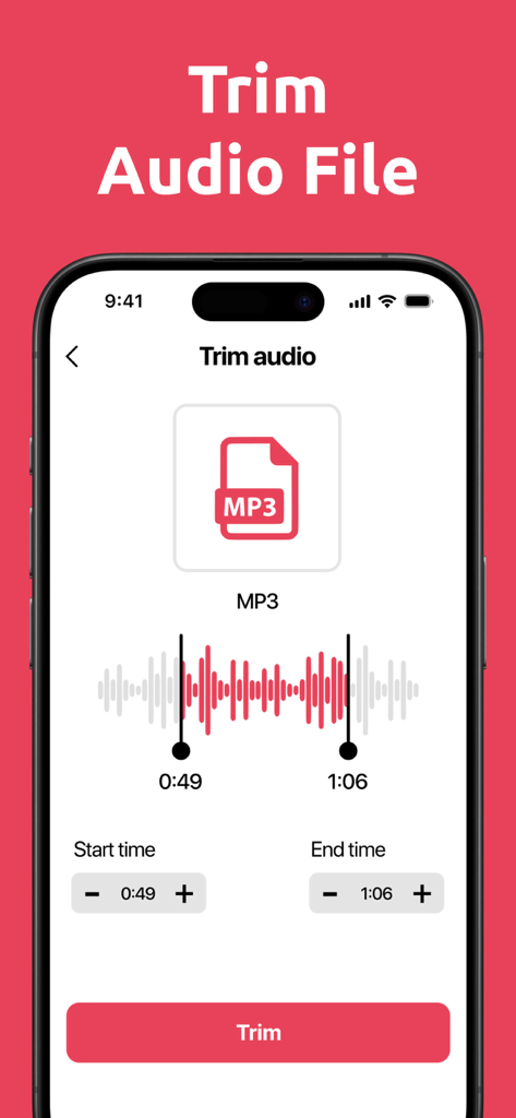 A mobile app screen for trimming audio files with a visual waveform and precise time controls