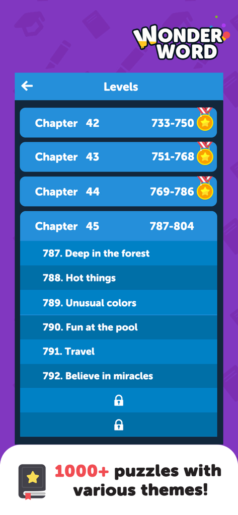 Wonder Word: Word Search Games - Pantalla de selección de nivel del juego Wonder Word que muestra capítulos de puzzles temáticos.