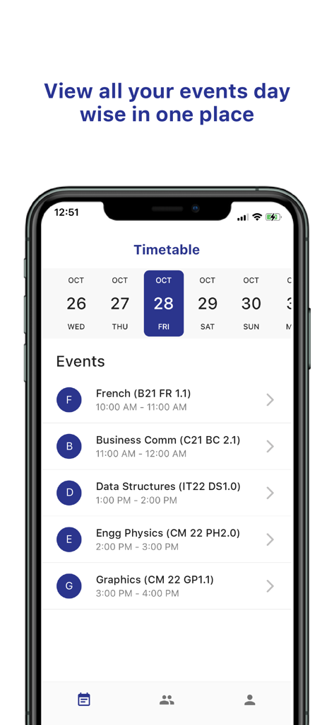 Linways V4 - Smartphone screen showing the Linways V4 app daily timetable with a list of academic classes and event times.