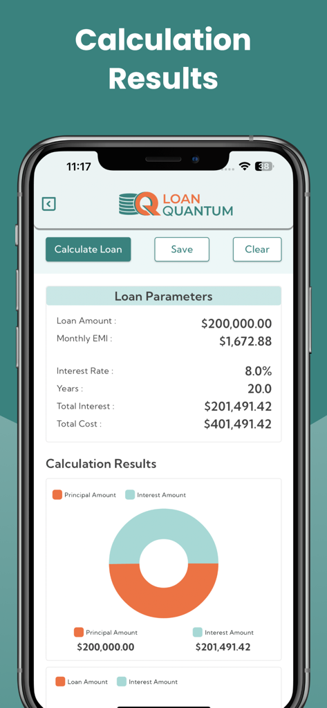 LoanQuantum - Interfaz de la aplicación LoanQuantum que muestra los resultados del cálculo del préstamo y un gráfico circular de principal frente a intereses