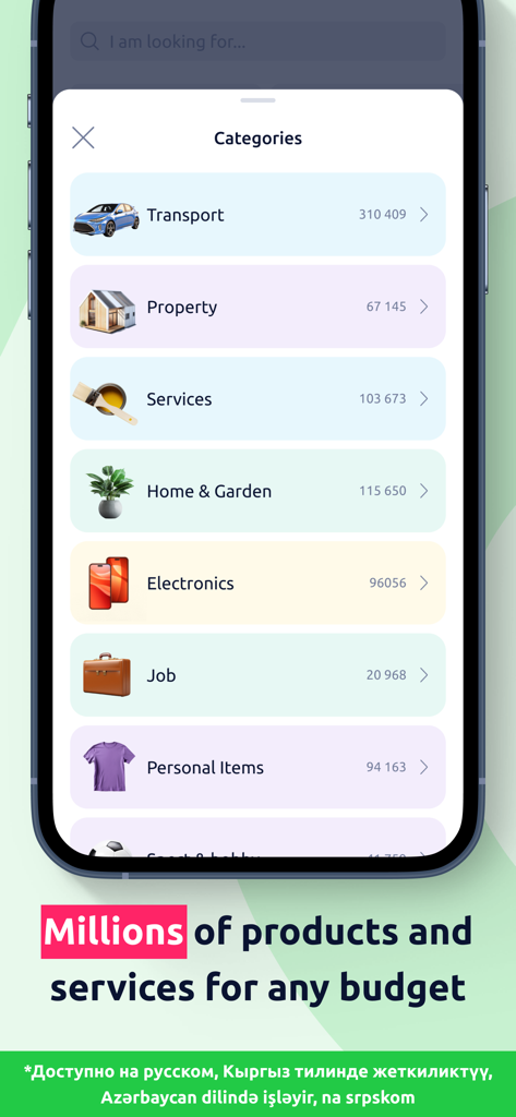 lalafo: AI Online Marketplace - Kategorien-Bildschirm der mobilen lalafo-App zeigt Transport, Immobilien, Dienstleistungen und Elektronik
