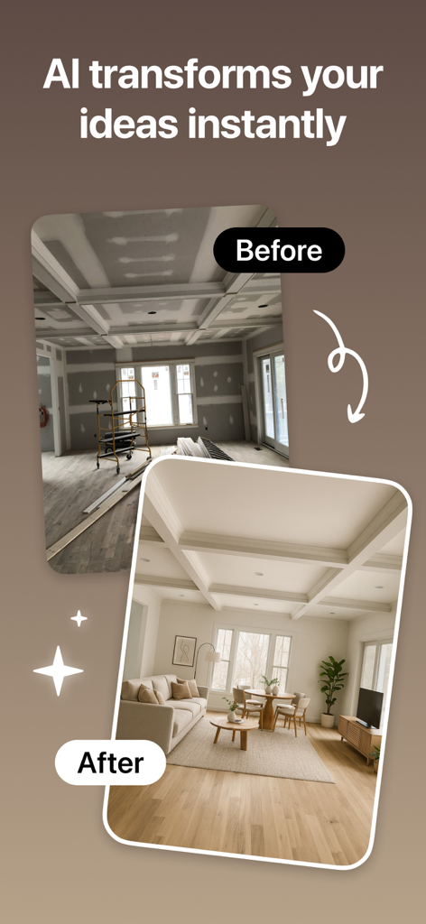 Before and after comparison of a room renovation using AI interior design