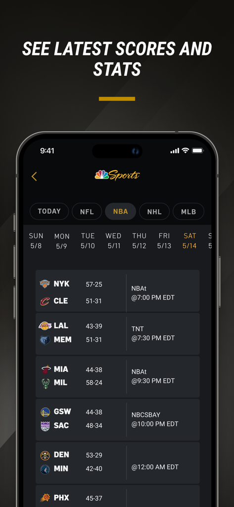 NBC Sports Bay Area & CA - NBC Sports Bay Area app interface showing the latest NBA scores and game schedules