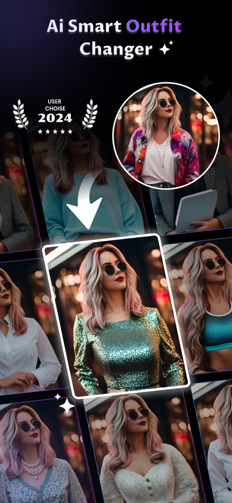 Benutzeroberfläche der AI Smart Outfit Changer App, die eine Frau in verschiedenen digitalen Outfits zeigt.