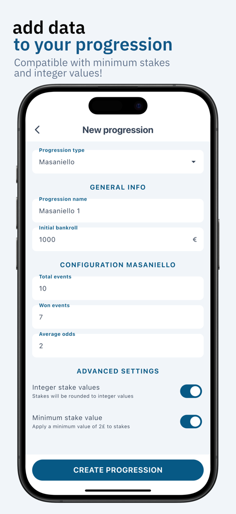 Interface of Betting Manager Pro app for creating a new Masaniello betting progression