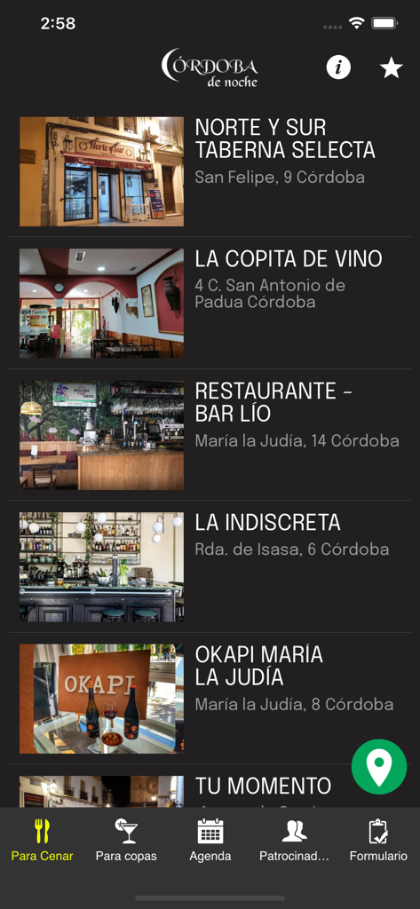 Córdoba de Noche - Mobile app screen showing a curated list of local restaurants and bars in Cordoba Spain with photos and addresses