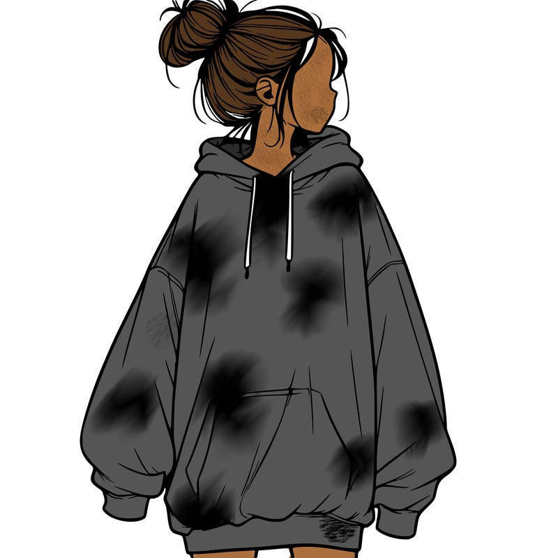 realistic girl with a oversized sweatshirt on and a bun