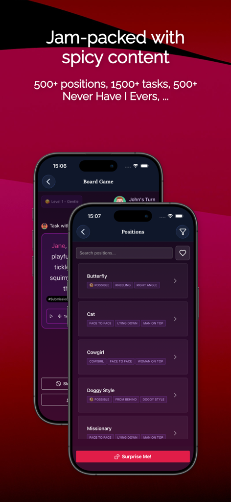 Foreplay: Couples Games - Foreplay app screenshot showing intimate position ideas and board game for couples.