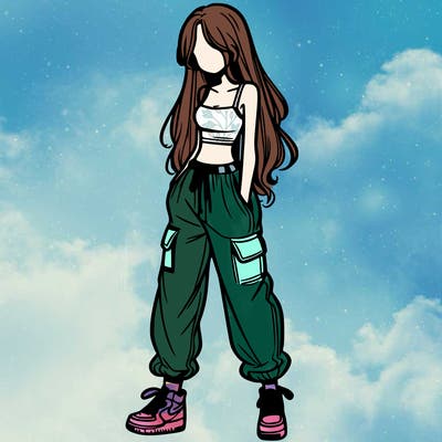 girl in baggy pants crop top and long hair
