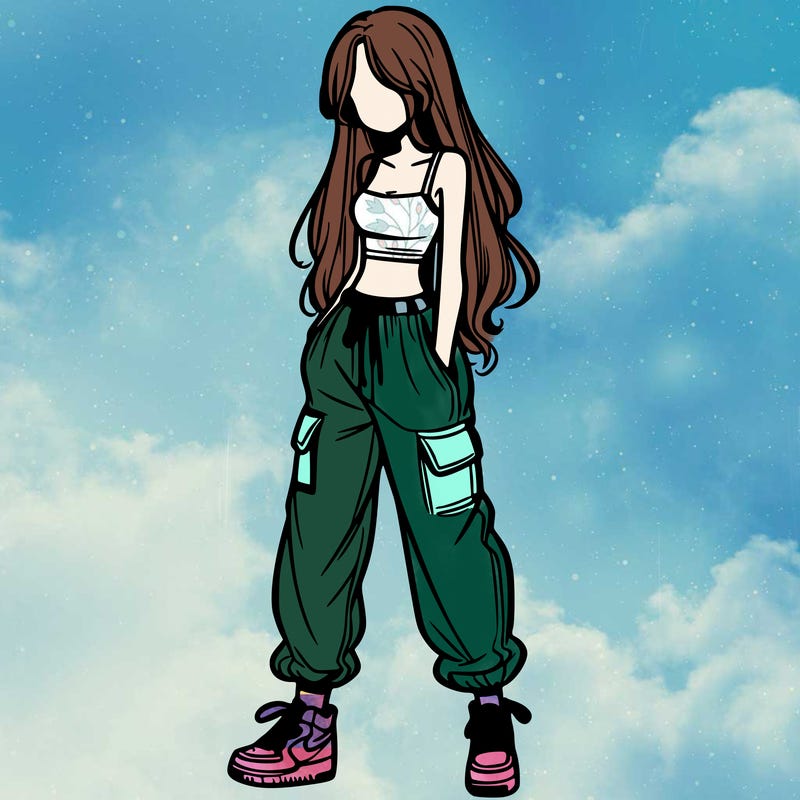 girl in baggy pants crop top and long hair