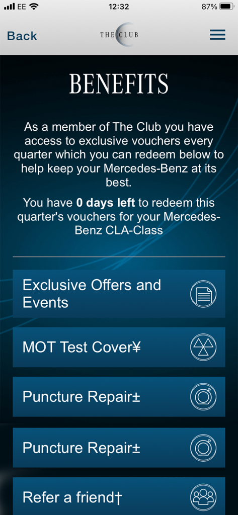 Sytner Mercedes-Benz Club - Pantalla de beneficios de la aplicación Sytner Mercedes Benz Club que presenta ofertas exclusivas para miembros y vales de servicio