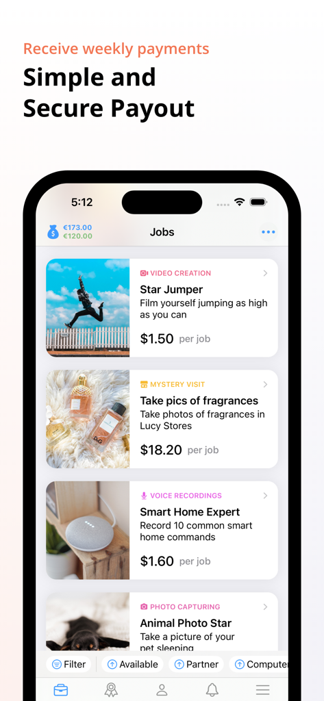 動画作成やミステリー訪問など、さまざまな有料マイクロジョブを表示しているClickworkerモバイルアプリのインターフェース