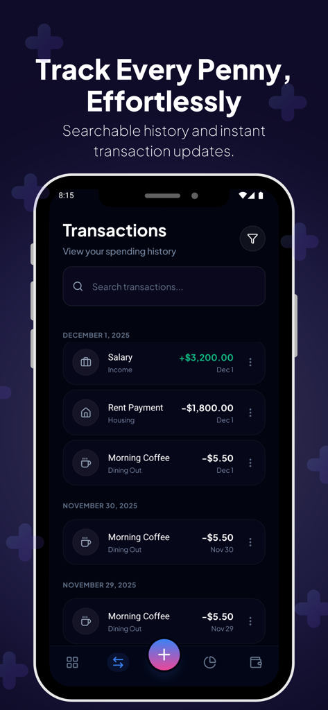 Mobile app screen showing a searchable list of financial transactions including salary, rent, and daily expenses.
