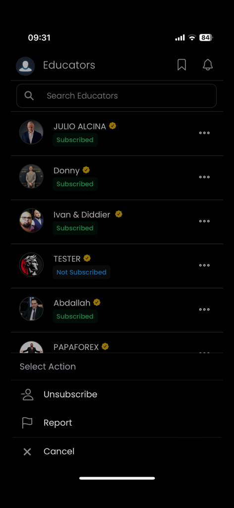 Solexx - Liste professioneller Trading-Educators in der Solexx App.