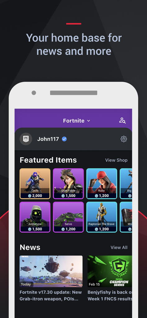 トラッカーネットワーク統計アプリのインターフェースが、Fortniteの注目のアイテムショップとニュースフィードを表示