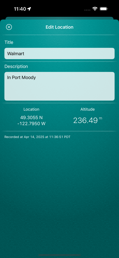 My Altitude - Edit location screen in My Altitude app displaying GPS coordinates and altitude data.