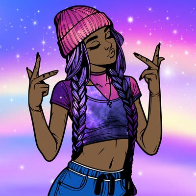realistic teenage girl with braids and a beanie and crop top doing 🫶🏼