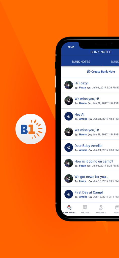 Bunk1 - Bunk1 mobile app screen showing a list of sent Bunk Notes messages to summer campers.
