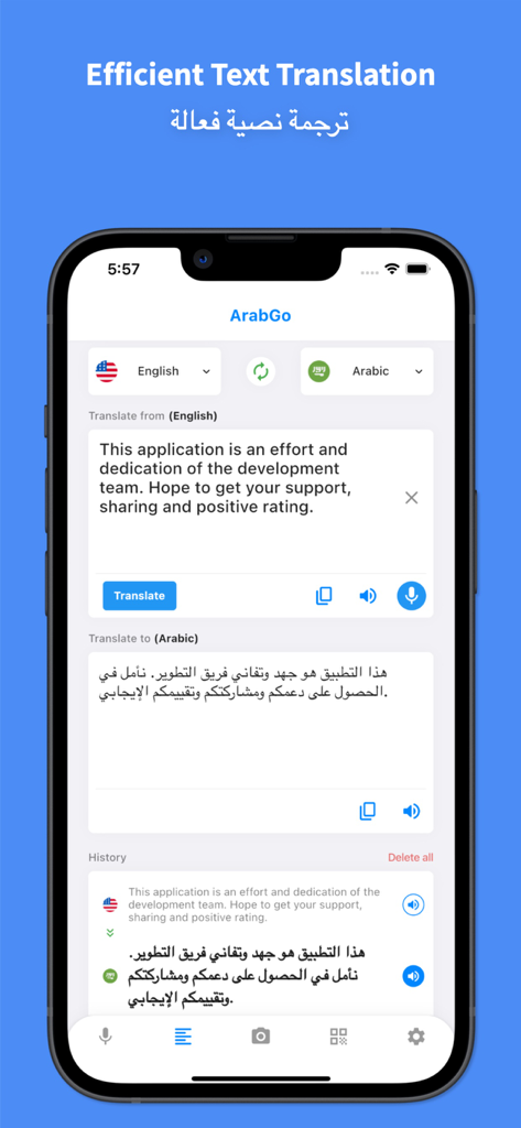 Arabic Translator Pro - 45+ - Interface do aplicativo ArabGo mostrando tradução de texto de inglês para árabe com recursos de voz e histórico em um iPhone.