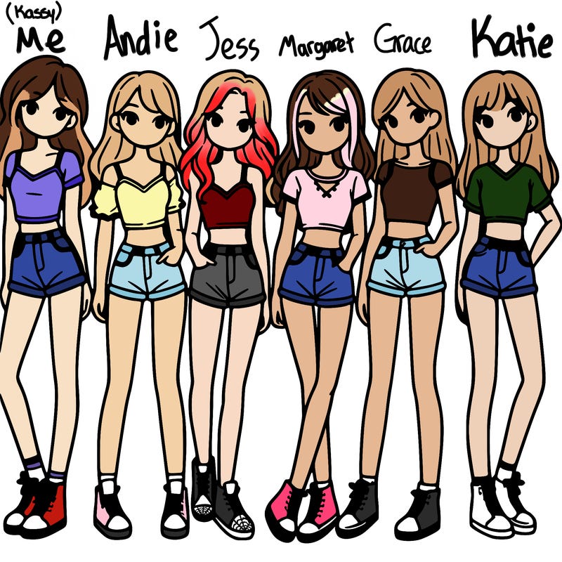 a group of girls wearing crop tops and shorts