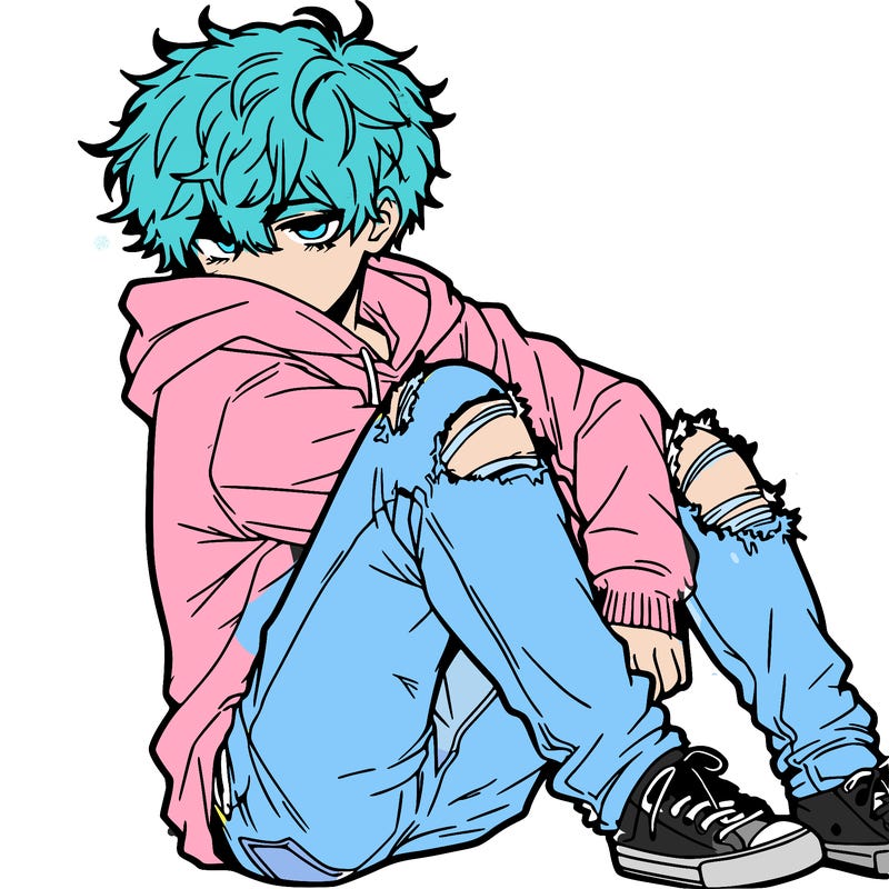 a male hoddie ripped jeans messy hair anime