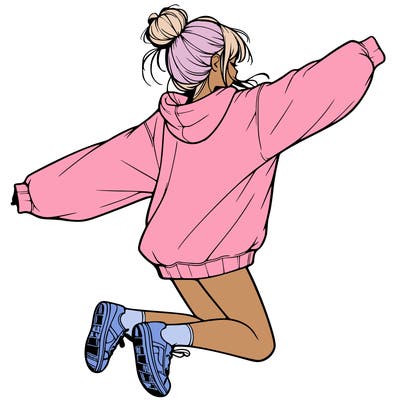 realistic girl jumping with a bun and oversized sweatshirt