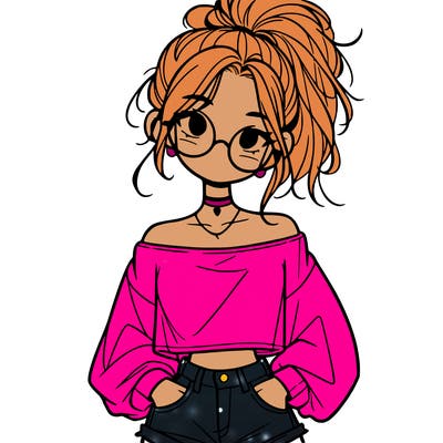 girl with a messy ponytail glasses a baggy crop top and jean shorts