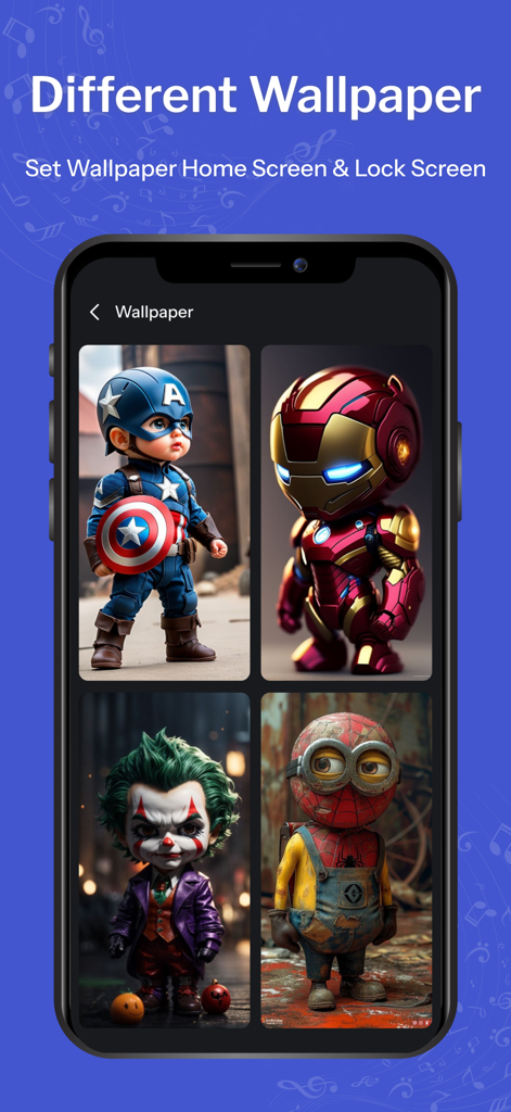 Ringtone Maker: Music Cutter - モバイルカスタマイズ用のさまざまなキャラクターテーマの壁紙を表示するアプリインターフェース。