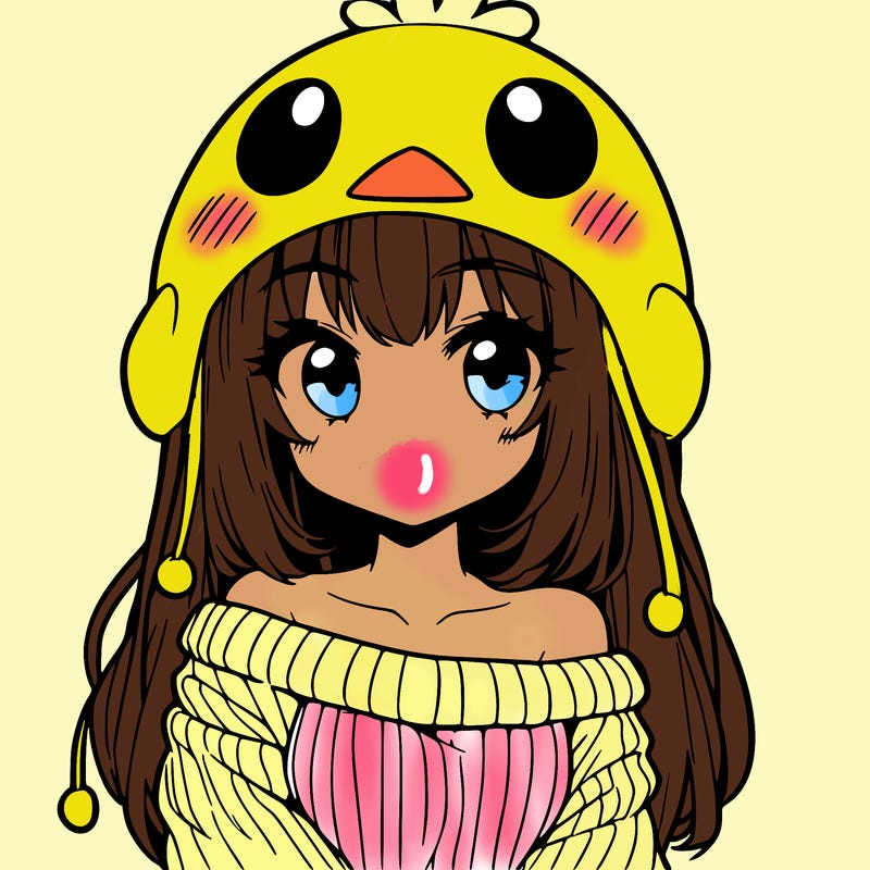 anime girl with chick shaped hat with sweater with bare shoulders with bangs covering them one eye with low tail