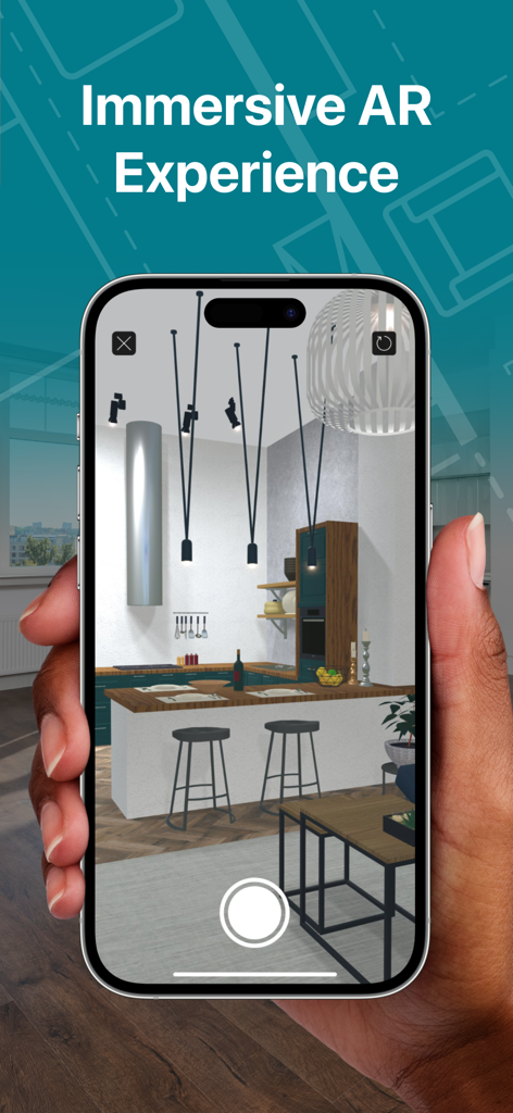 Live Home 3D Pro: House Design - A hand holding a smartphone displaying an immersive 3D kitchen model in augmented reality