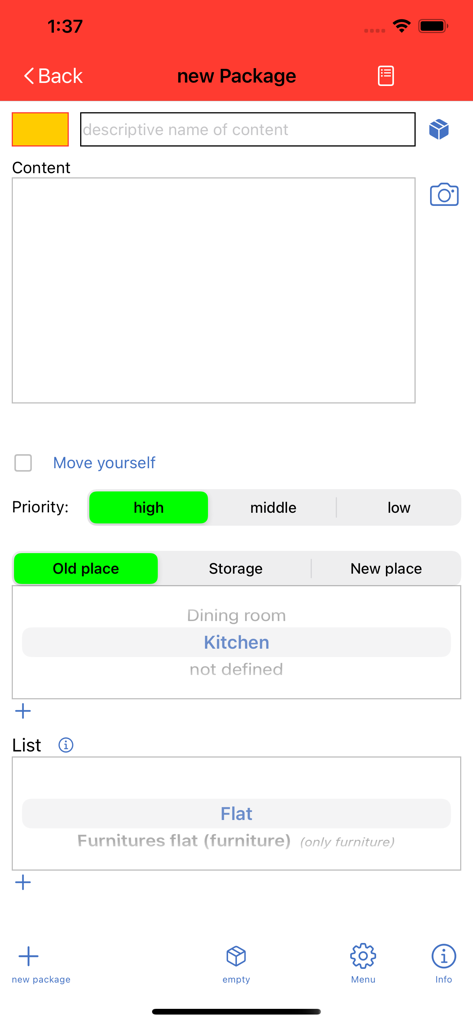 MyUmzug - MyUmzugアプリのインターフェース、内容、優先度、場所のフィールドを持つ新しいパッケージを追加するためのフォームを表示