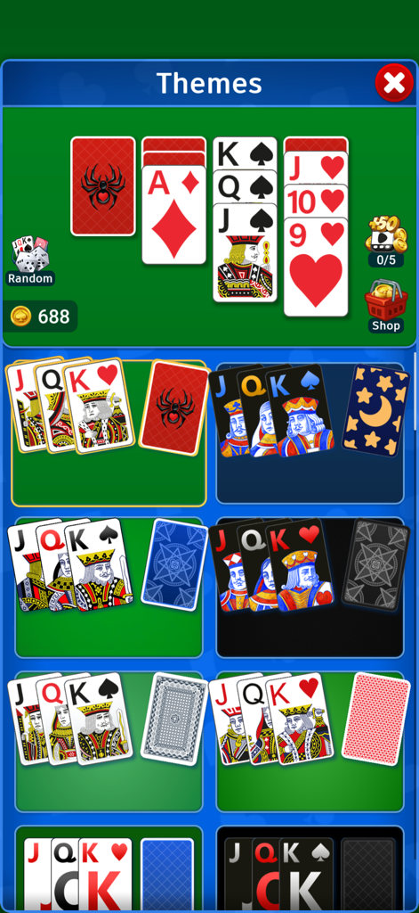 Spider Solitaire` - A menu showing various classic card and background themes available in Spider Solitaire