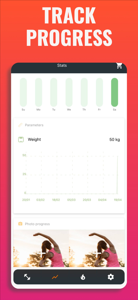Wake up! Morning exercises - Dashboard of the Wake up Morning exercises app displaying weekly activity charts and weight tracking