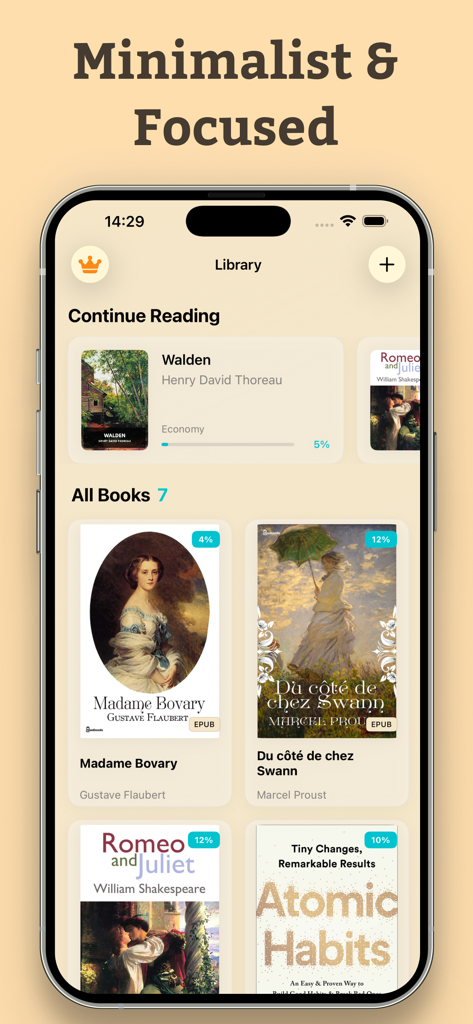 A screenshot of the Aurader app library showcasing a minimalist design with classic and modern book covers like Walden and Atomic Habits.