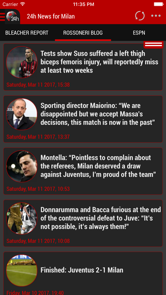 Milan 24h - News feed interface of the Milan 24h app displaying AC Milan headlines and soccer results
