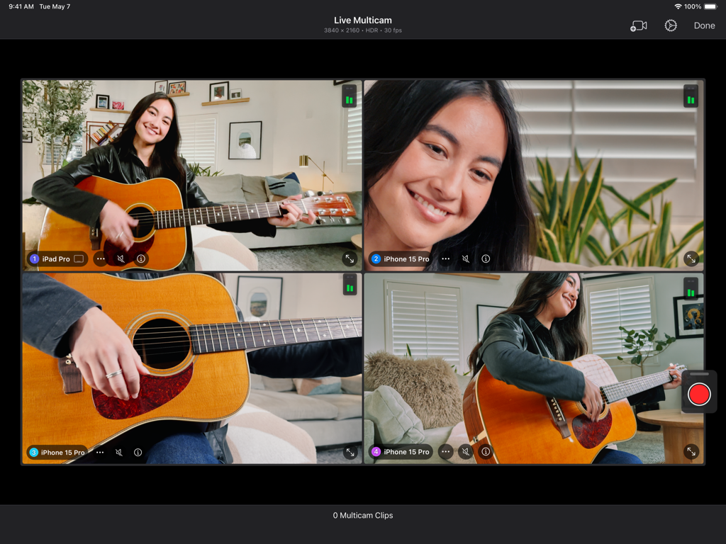 Final Cut Pro for iPad interface displaying the Live Multicam feature with four simultaneous camera angles of a woman playing guitar.