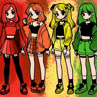 one girl with crop-top shirt and a jacket with a skirt, long socks and another girl with a shirt and pants with a jacket