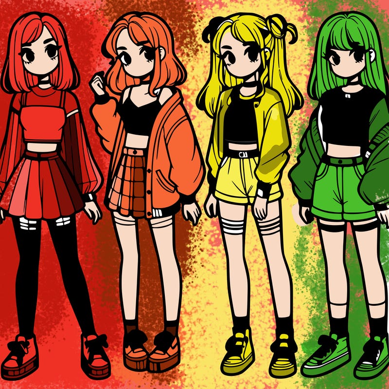one girl with crop-top shirt and a jacket with a skirt, long socks and another girl with a shirt and pants with a jacket