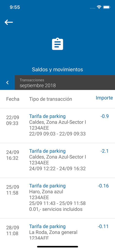 Presto Parking - Captura de pantalla de la aplicación Presto Parking que muestra una lista de pagos de aparcamiento recientes y detalles de transacciones